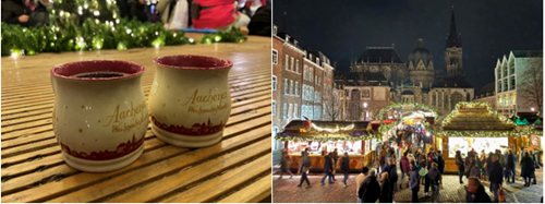 Photos of Glühwein cups and the Aachen Christmas market